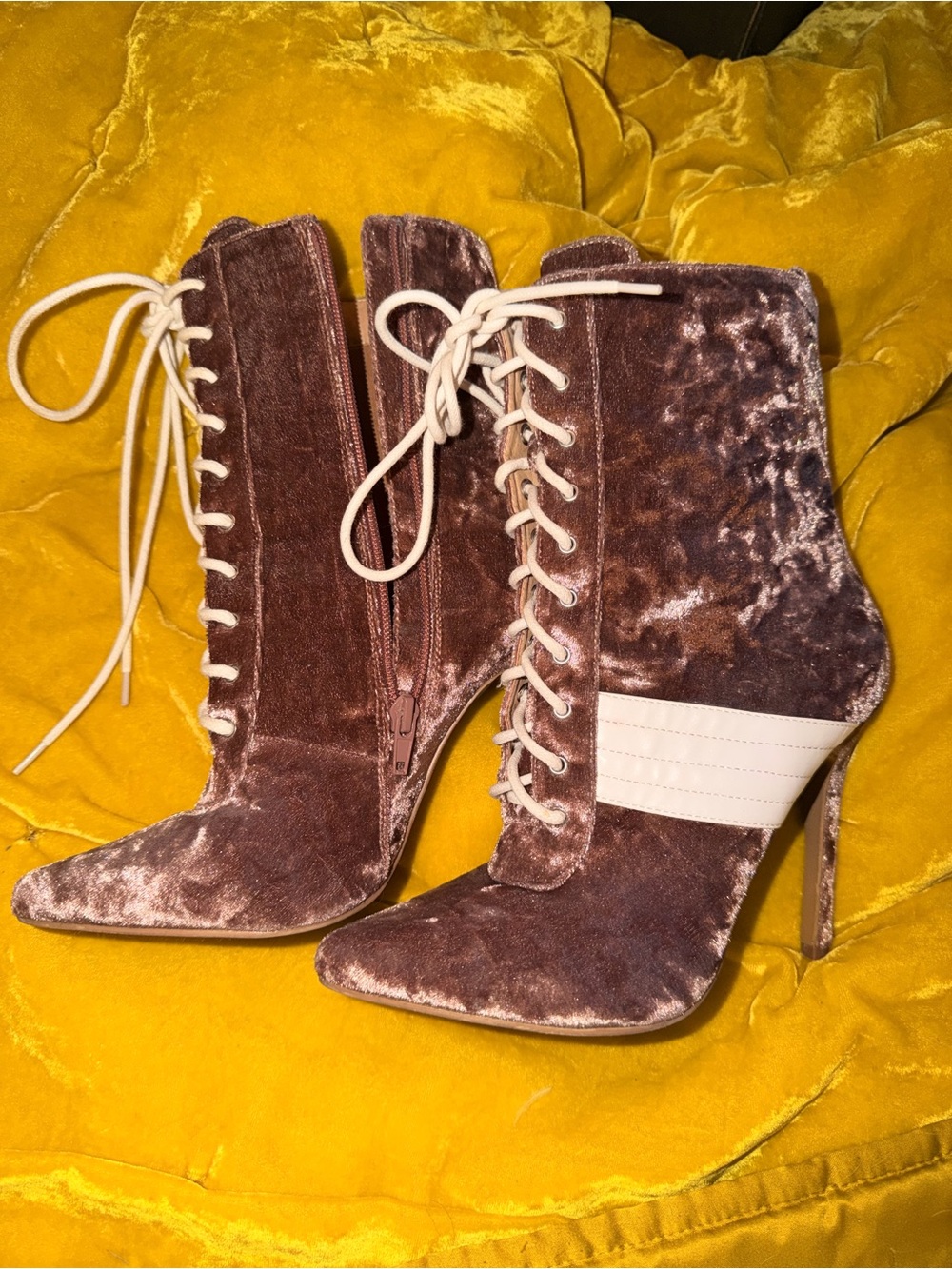 Lavender velvet lace up with a zipper boots with heels